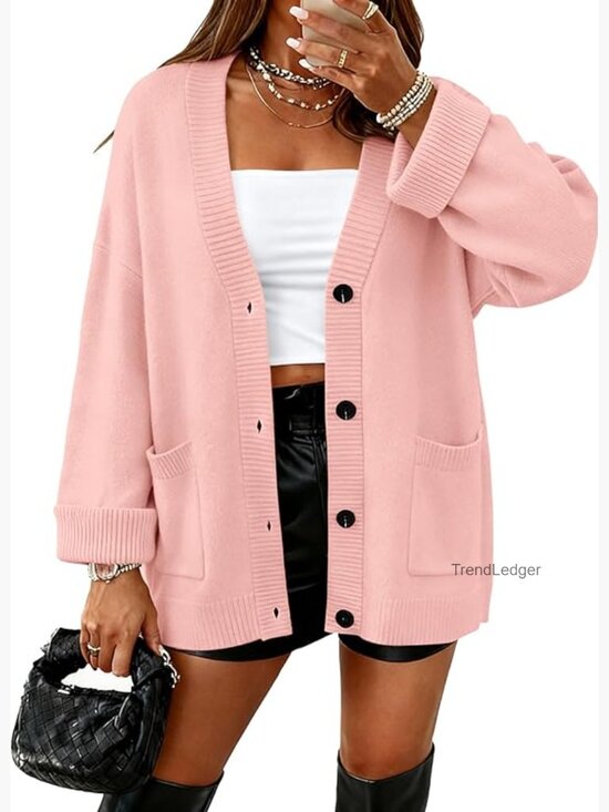 Sweaters - Oversized Chunky Knit Cardigan with Pockets V-Neck Loose Fit Long Sleeve